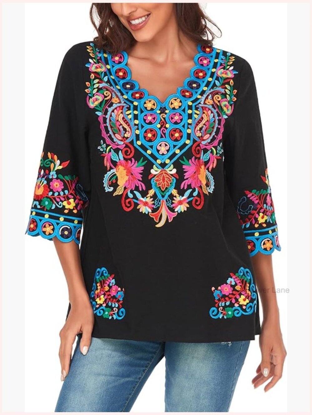 Boho Embroidered Peasant Tunic 3/4 Sleeve V-Neck Cotton Blouse